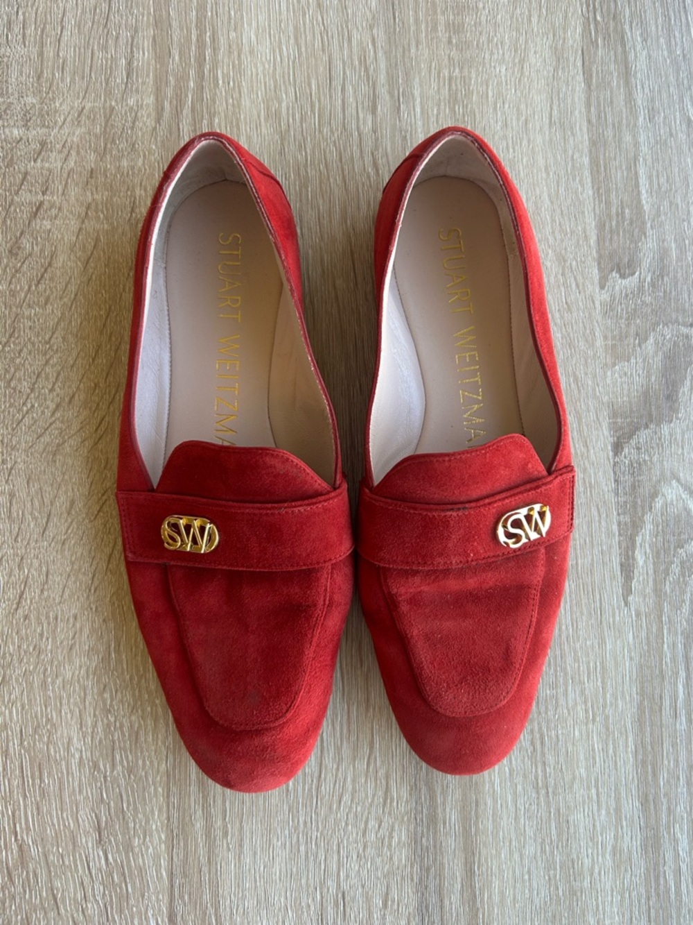 Stuart Weitzman Red Suede Loafers with Gold SW Emblem
